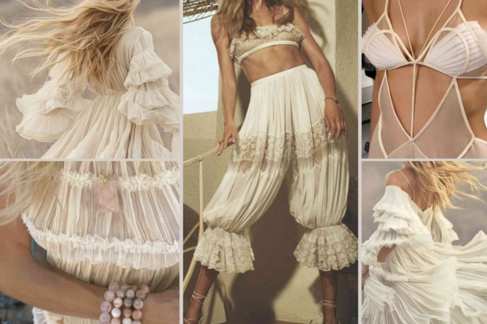 <p class="isSelectedEnd"><strong>Ruffles, lace and softly gathered fabrics add detail and texture to the lighter side of bohemian dressing.</strong></p>
<p class="isSelectedEnd">White and cream are particularly suited to these elements because the construction of the garment remains clearly visible. Tiered sleeves, lace inserts, fine pleats and gathered panels can make a monochrome piece interesting without relying on print or strong colour.</p>
<p class="isSelectedEnd">Volume is an important part of the look. Wide trousers, full skirts and loose blouses can be balanced with shorter or more fitted pieces, while sheer fabrics can be layered over cotton or linen.</p>
<p class="isSelectedEnd">Lace can appear as a small trim around a neckline or become a central part of a top, dress or skirt. Ruffles work in much the same way, ranging from a narrow edge to several layers of fabric.</p>
<p class="isSelectedEnd">Natural materials help keep these decorative details relaxed. Cotton, linen and lightweight gauze combine easily with leather sandals, boots, woven bags and handmade jewellery.</p>
<p>Used individually or together, these elements bring softness and craftsmanship to bohemian clothing while remaining easy to combine with simpler pieces.</p>
<p><strong data-start="360" data-end="426">Interested in how these details translate into bridal fashion?</strong><br data-start="426" data-end="429"><a href="../../lalaland/post/1271">Discover <strong data-start="438" data-end="467" data-is-last-node="" data-is-only-node="">More Bridal Inspiration &rarr;</strong></a></p>
<p>#RomanticDetails #BohemianFashion #Lace #NaturalFabrics #LesCouleursBohemes</p>