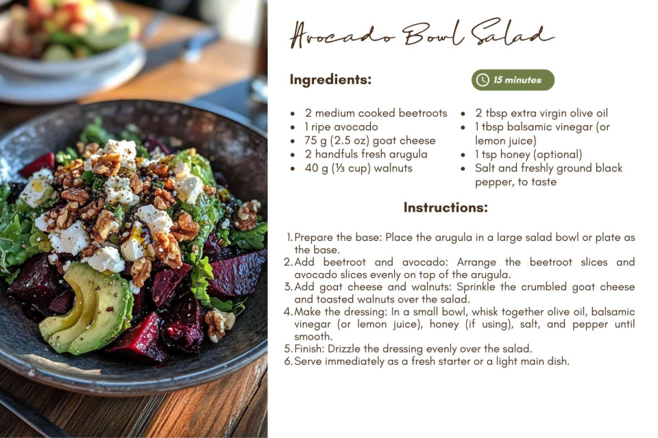 <p data-start="115" data-end="320">🥑 <strong data-start="118" data-end="140">Avocado Bowl Salad&nbsp;</strong><br data-start="140" data-end="143">Kickstart your day or enjoy a light lunch with this fresh, colorful avocado bowl! Creamy avocado and a hint of lemon make every bite a little celebration. 🌱💚</p>
<p data-start="322" data-end="373">What&rsquo;s your favorite topping for an avocado bowl?</p>
<p data-start="375" data-end="512">#HealthyEats #AvocadoBowl #FreshAndGreen #BohoKitchen #SimplePleasures #ColorfulFood #PlantBased #FoodInspo #MorningFuel #EatTheRainbow</p>