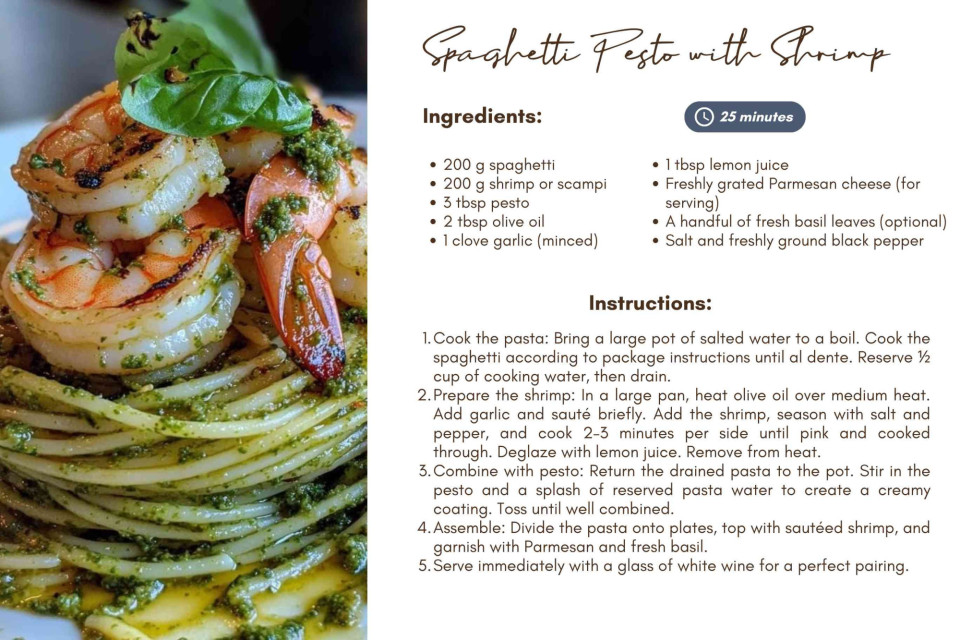 <p data-start="94" data-end="317">🍤 <strong data-start="97" data-end="128">Spaghetti Pesto with Shrimp&nbsp;</strong><br data-start="128" data-end="131">Fresh, flavorful and simple &ndash; this pasta is a perfect balance of herby pesto and tender shrimp. A light, satisfying meal that&rsquo;s quick to prepare and even better shared with friends. ✨</p>
<p data-start="319" data-end="416">Tip: Finish with a squeeze of lemon or a sprinkle of parmesan to elevate the flavors even more.</p>
<p data-start="418" data-end="528">#LesCouleursDuMonde #FreshEats #PastaLovers #ShrimpAndPesto #BohoFood #QuickMeals #EatTheColors #GlobalStyle</p>