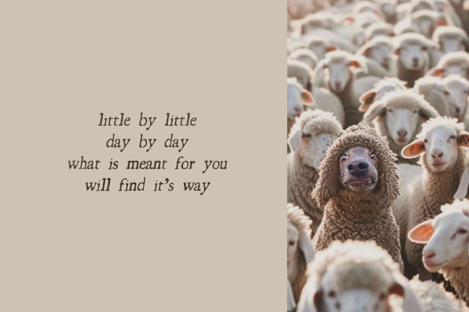 <h3 data-start="117" data-end="142">🐑 <strong>Little by little&nbsp;</strong></h3>
<p data-start="144" data-end="214">Some days you lead the way.<br data-start="171" data-end="174">Other days you just follow the rhythm.</p>
<p data-start="216" data-end="329">Either way &mdash; you&rsquo;re moving forward.<br data-start="251" data-end="254">Trust that what&rsquo;s meant for you will find its way, even if it takes time.</p>
<p data-start="331" data-end="375">It&rsquo;s the quiet progress that matters most.</p>
<p data-start="377" data-end="475">#LesCouleurs #MindAndBody #SlowLiving #PositiveVibes #TrustTheProcess #LittleByLittle #DailyCalm</p>