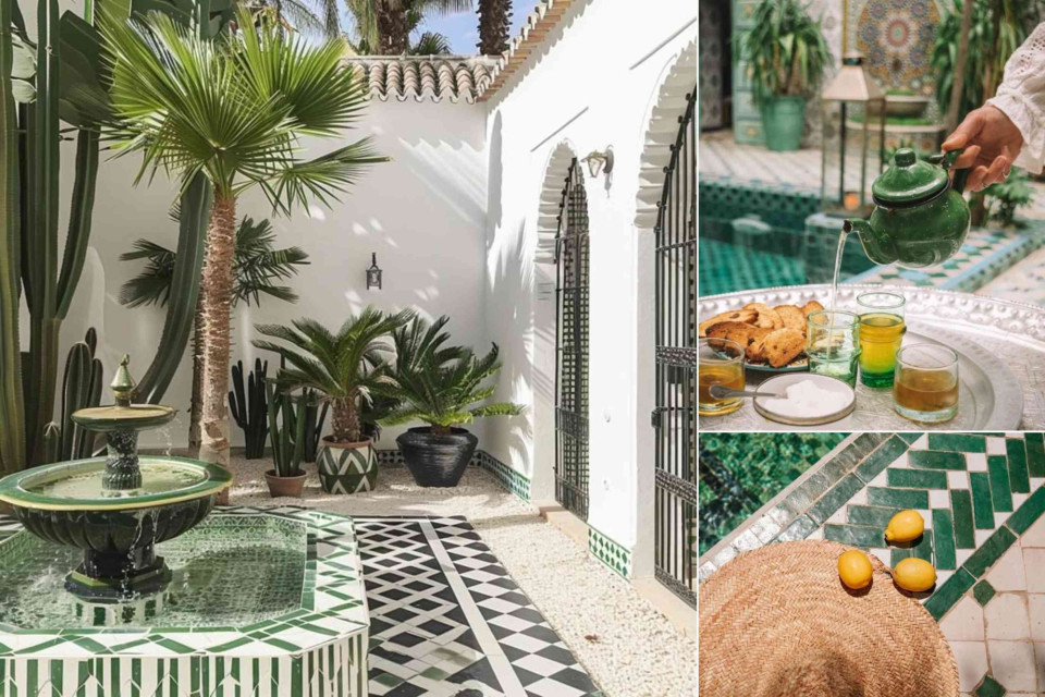 <p data-start="0" data-end="68">This is another side of Marrakech. <strong>Calm, structured and intentional.</strong></p>
<p data-start="70" data-end="354">A traditional riad courtyard shows how architecture creates comfort in a warm climate. High white walls reflect sunlight. Green zellige tiles keep spaces cool. A central fountain adds sound and freshness. Plants like palm and cactus bring shade and texture without excess maintenance.</p>
<p data-start="356" data-end="541"><strong>Start your day here with Moroccan mint tea</strong> poured from a classic metal teapot. Simple glasses. Fresh bread. Olive oil. Oranges and lemons. Nothing complicated yet everything considered.</p>
<p data-start="543" data-end="804">There is a practical lesson in this setting. Design is not only about aesthetics. It is about function, climate and daily rituals. Think about how light enters your space. Think about natural ventilation. Think about materials that age well instead of wear out.</p>
<p data-start="806" data-end="1075"><strong>When you visit Marrakech, choose to stay in a riad in the Medina.</strong> Experience how inward facing architecture creates privacy and tranquility in the middle of a busy city. Observe how green and white create contrast without feeling cold. Bring that clarity home with you.</p>
<p data-start="1077" data-end="1170" data-is-last-node="" data-is-only-node="">#Marrakech #Morocco #Riad #MedinaLife #MoroccandesertInteriors #Zellige #MintTea #TravelWithPurpose</p>