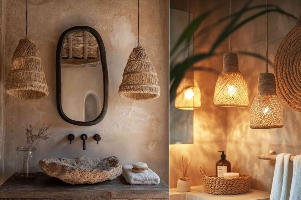 <p data-start="0" data-end="50"><strong data-start="0" data-end="50">Natural bathroom design with textured finishes</strong></p>
<p data-start="52" data-end="309">This bathroom style combines raw materials with warm indirect lighting. Walls are finished in textured plaster which adds depth without needing additional decoration. The sink is carved from natural stone which reinforces the focus on material authenticity.</p>
<p data-start="311" data-end="519">Lighting plays a functional and aesthetic role. Woven pendant lamps in rattan or seagrass diffuse the light and create a soft glow. Black wall mounted taps provide contrast and keep the layout visually clean.</p>
<p data-start="521" data-end="704">Storage and accessories remain minimal. A wooden surface open shelving and woven baskets are sufficient to organize essentials. The result is practical durable and consistent in tone.</p>
<p data-start="706" data-end="802">This approach works best with a limited color palette natural materials and integrated lighting.</p>
<p data-start="804" data-end="936" data-is-last-node="" data-is-only-node="">#balibathroom #naturalinterior #texturedwalls #organicdesign #rattanlighting #minimalconcept</p>