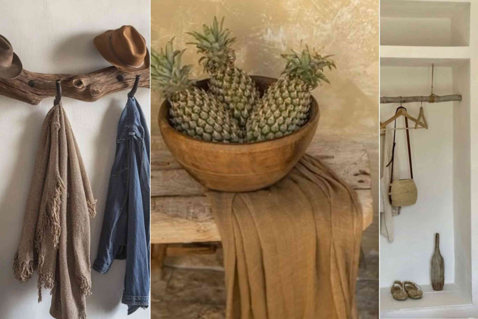 <p><strong data-start="0" data-end="29">Functional rustic details</strong></p><p>This style focuses on simple practical elements made from natural materials. A solid wooden branch becomes a wall mounted coat rack. A built in niche replaces a separate wardrobe. A large wooden bowl serves both as storage and as a visual anchor.</p><p>The palette remains neutral with beige sand warm brown and muted denim tones. Textures are more important than color. Raw wood linen cotton and woven fibers create depth without adding visual clutter.</p><p>Storage is open and visible which supports daily use. Hooks niches and basic wooden surfaces reduce the need for additional furniture. The result is efficient durable and easy to adapt to small spaces.</p><p>This approach works best when materials are consistent and the layout stays clear and functional.</p><p>#rusticinterior #naturalmaterials #functionaldesign #baliinspired #minimalstorage #organicstyle</p>