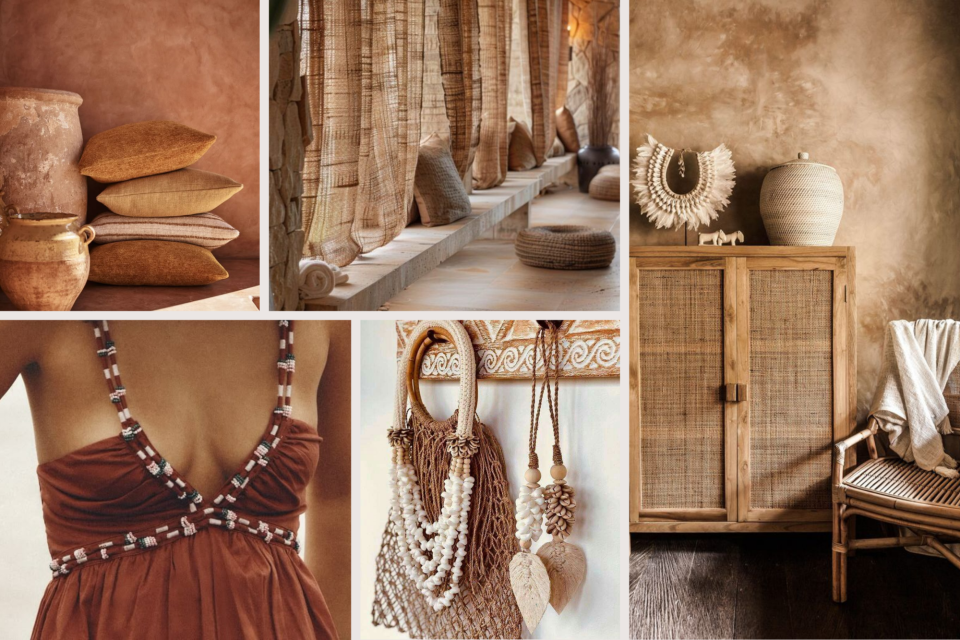 <p data-start="0" data-end="46"><strong data-start="0" data-end="46">Warm earth palette in interior and fashion</strong></p>
<p data-start="48" data-end="282">This series focuses on a consistent range of warm tones such as terracotta clay sand and deep brown. The same color direction is visible in textiles furniture and garments which creates visual unity across styling and interior design.</p>
<p data-start="284" data-end="516">Materials are natural and textured. Plastered walls linen curtains woven cabinet fronts rattan seating and beaded accessories add depth without relying on strong color contrasts. The emphasis is on surface quality and craftsmanship.</p>
<p data-start="518" data-end="754">Furniture remains simple and functional. Low seating built in benches and compact storage units support a relaxed layout. Decorative elements are limited to a few statement pieces such as layered necklaces woven bags or ceramic vessels.</p>
<p data-start="756" data-end="884">The concept is structured and cohesive. One defined palette natural materials and repeated textures across fashion and interior.</p>
<p data-start="886" data-end="1018" data-is-last-node="" data-is-only-node="">#earthtones #balistyle #naturalinterior #wovenmaterials #resortinspiration #organicdesign</p>