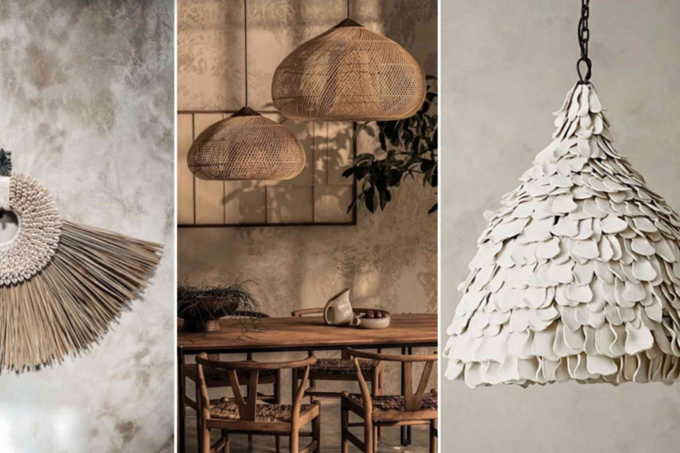 <p data-start="0" data-end="61"><strong data-start="0" data-end="61">Decorative lighting and wall accents in natural materials</strong></p>
<p data-start="63" data-end="298">This composition focuses on statement pieces made from organic materials. Woven pendant lamps in rattan define the dining area and provide soft diffused lighting. Their rounded shapes balance the straight lines of the table and chairs.</p>
<p data-start="300" data-end="566">The wall accent made from natural fibers introduces texture without using color. It acts as a focal point while maintaining the neutral palette. The layered white pendant on the right shows an alternative approach where overlapping elements create volume and shadow.</p>
<p data-start="568" data-end="715">The common factor is material clarity. Rattan wood fiber and ceramic are left visible and untreated. Shapes are simple but scaled to create impact.</p>
<p data-start="717" data-end="811">This style works best in spaces with limited colors consistent textures and clear proportions.</p>
<p data-start="813" data-end="946" data-is-last-node="" data-is-only-node="">#naturallighting #woveninterior #balistyle #organicmaterials #minimaldecor #interiorconcept</p>