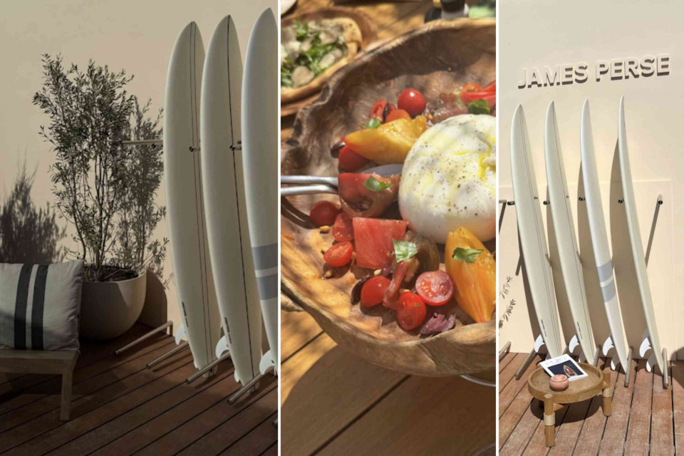 <p class="isSelectedEnd"><strong>James Perse brings a different kind of luxury to Saint-Tropez, centred on simplicity, natural materials and an informal coastal lifestyle.</strong> The brand is known for understated clothing, but its world extends into interiors, furniture, travel and outdoor living.</p>
<p class="isSelectedEnd">The Saint-Tropez setting reflects that wider lifestyle. A restrained palette of white, stone, wood and black creates the backdrop, while <strong>surfboards</strong> introduce an unmistakable reference to California. Mediterranean planting softens the minimal architecture and connects the space with its surroundings.</p>
<p class="isSelectedEnd">The result feels surprisingly natural on the C&ocirc;te d&rsquo;Azur. California and Saint-Tropez may be separated by an ocean, but both have a strong relationship with outdoor living, the coast and a wardrobe built around pieces that move easily between town and beach.</p>
<p class="isSelectedEnd">Food can become part of that same atmosphere. A simple plate of ripe tomatoes and burrata, served without unnecessary complication, fits naturally into a setting where the emphasis is on good ingredients and relaxed summer lunches.</p>
<p class="isSelectedEnd">The surfboards are particularly characteristic of the James Perse aesthetic. Rather than functioning purely as sporting equipment, they are used almost like design objects, reinforcing the connection between fashion, interiors and life near the water.</p>
<p class="isSelectedEnd">For visitors interested in fashion and design, addresses like James Perse show another side of shopping in Saint-Tropez. The experience is not simply about finding clothing. It is about seeing how a brand translates its complete visual identity into a Mediterranean summer setting.</p>
<h3>The James Perse aesthetic</h3>
<p class="isSelectedEnd"><strong>Fashion</strong> &middot; understated and relaxed<br><strong>Materials</strong> &middot; wood, stone and natural textures<br><strong>Palette</strong> &middot; white, black and warm neutrals<br><strong>Lifestyle</strong> &middot; surf, outdoor living and informal dining<br><strong>Saint-Tropez connection</strong> &middot; California style adapted to the Mediterranean</p>
<p>#JamesPerse #SaintTropez #CotedAzur #CoastalStyle #FrenchRiviera</p>