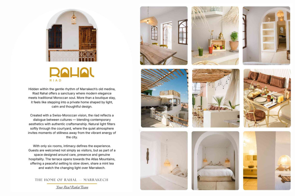 <p data-start="73" data-end="99"><strong data-start="73" data-end="99">Riad Rahal &mdash; Marrakech</strong></p>
<p data-start="101" data-end="342">Located in the heart of the medina, Riad Rahal offers a quiet and refined escape within the city. Traditional Moroccan architecture is combined with a clean and contemporary design, creating a space that feels both authentic and comfortable.</p>
<p data-start="344" data-end="529">The riad is built around light, natural materials and open spaces. Each room is designed with simplicity and attention to detail, offering a calm environment away from the busy streets.</p>
<p data-start="531" data-end="704">With a small number of rooms, the experience remains personal. The rooftop terrace and shared spaces invite guests to slow down and enjoy a more relaxed rhythm of Marrakech.</p>
<p data-start="706" data-end="739">Book your stay&nbsp;<a class="data-link" href="https://book.hotel.eu/hotels/lp657f65db?source=hotels&amp;placeId=31.633112%2C-7.989395" target="_blank" rel="noopener">here</a>.</p>
<p data-start="741" data-end="815" data-is-last-node="" data-is-only-node="">#lifestyletravel #marrakech #boutiquehotel #luxurystays #desert #travelinspiration</p>