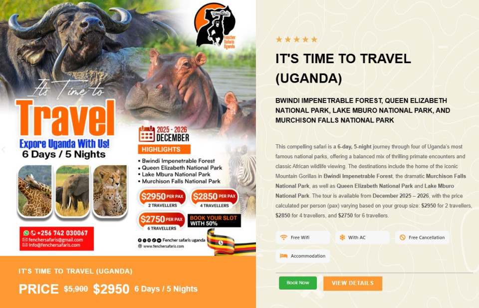 <h4>IT'S TIME TO TRAVEL</h4>
<p>Discover it <a href="https://fenchersafaris.com/tour-package/its-time-to-travel-uganda/">here</a></p>