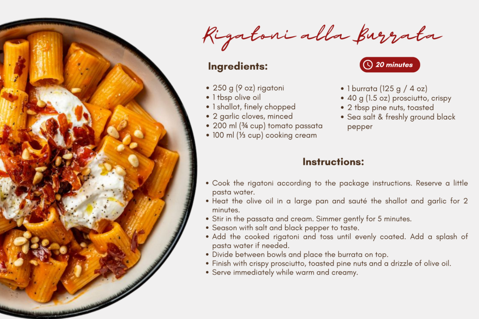 <p data-start="0" data-end="28"><strong>A little taste of Italy 🇮🇹 🍝</strong></p>
<p data-start="30" data-end="187">Al dente rigatoni in a creamy tomato sauce, topped with fresh burrata, crispy prosciutto and toasted pine nuts. Simple, elegant and irresistibly delicious.</p>
<p data-start="189" data-end="206">Buon appetito! <strong data-start="244" data-end="269">❤️🤍💚</strong></p>
<p data-start="208" data-end="348" data-is-last-node="" data-is-only-node="">#rigatoniallaburrata #italianfood #pastatime #burratalover #foodinspiration</p>