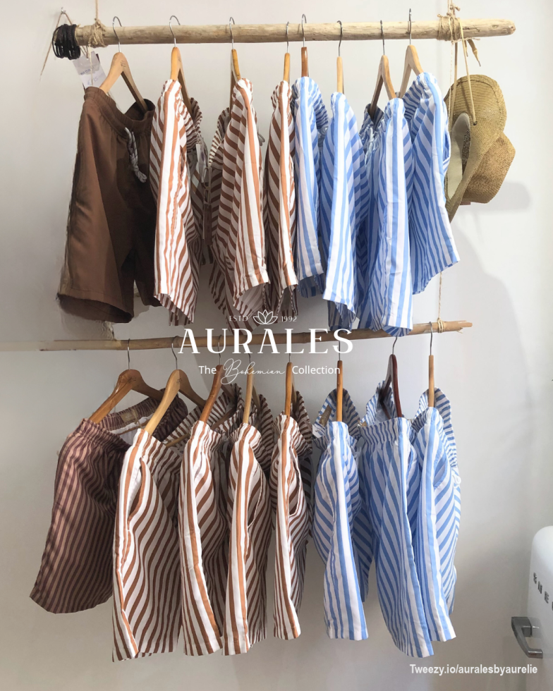 <p>Dive into the summer with these effortlessly stylish pieces from the <strong>Aurales Bohemian Collection</strong>. Featuring playful stripes in earthy browns and refreshing blues, these lightweight designs are perfect for beach days or relaxed coastal adventures. Whether you&rsquo;re strolling along the shore or lounging by the pool, these comfortable and chic garments bring a touch of bohemian elegance to your wardrobe.</p>