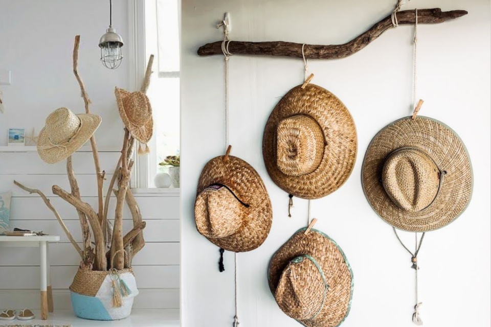 <p class="PDq2pG_selectionAnchorContainer" data-start="60" data-end="258"><strong data-start="60" data-end="151">Hats are often difficult to store without crushing their shape or hiding them in boxes.</strong> Branches provide a simple alternative that keeps them visible while making use of an empty wall or corner.</p>
<p data-start="260" data-end="457">A long branch can be mounted horizontally and used as the main support. Instead of adding conventional hooks, lengths of rope can be tied around the branch and allowed to hang at different heights.</p>
<p data-start="459" data-end="644">Wooden pegs attached to the rope hold each hat individually. Varying the length of the cords prevents larger brims from overlapping and creates enough space to see the different shapes.</p>
<p data-start="646" data-end="830">The same idea can be adapted to a smaller wall. One branch with three or four hanging cords is enough for a compact collection, while a longer branch can accommodate considerably more.</p>
<p data-start="832" data-end="1084">A freestanding version can be made from several branches placed together in a heavy container. Branches with natural side shoots already provide useful hanging points, turning the structure into a simple hat stand without requiring additional hardware.</p>
<p data-start="1086" data-end="1298">The type of hat changes the character of the display. Straw hats and woven sun hats work particularly well with untreated wood and rope, making the storage useful for a summer wardrobe, dressing room or entrance.</p>
<p data-start="1300" data-end="1498">It also brings fashion into the interior in a practical way. Instead of treating hats as objects that need to disappear after use, their different weaves, shapes and colours become part of the room.</p>
<p data-start="1300" data-end="1498"><strong data-start="418" data-end="461">Want to make hats part of the interior?</strong><br data-start="461" data-end="464"><a href="../../coastalliving/post/1334">Discover <strong data-start="473" data-end="511">Decorating with Everyday Objects &rarr;</strong></a></p>
<p data-start="1300" data-end="1498">#HatStorage #FashionStorage #NaturalWood #WardrobeIdeas #AtelierDuMonde</p>