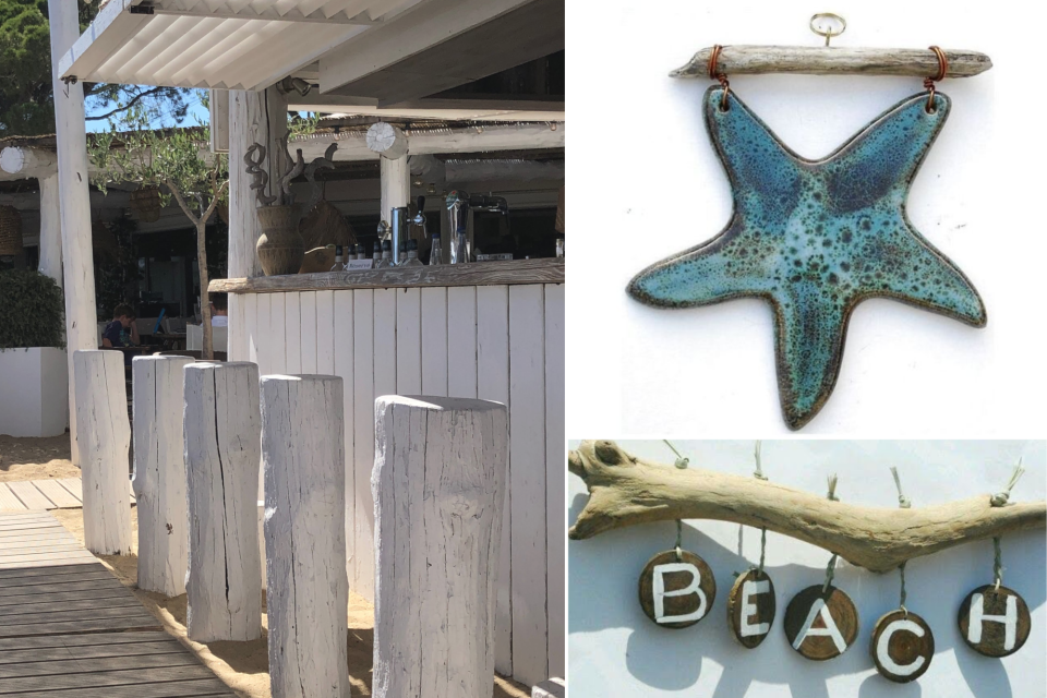 <p class="PDq2pG_selectionAnchorContainer" data-start="60" data-end="351"><strong data-start="60" data-end="205">Driftwood is particularly suited to signs and decorative objects because every piece already has its own shape, surface and weathered finish.</strong> Combined with ceramic pieces, painted letters or simple hanging elements, it can bring a coastal reference into a home, terrace or outdoor space.</p>
<p data-start="353" data-end="630">A long piece of driftwood can form the top of a hanging sign. Small ceramic shapes, shells or wooden pieces can be suspended underneath using cord, wire or small metal rings. The branch remains visible and becomes part of the composition rather than simply acting as a support.</p>
<p data-start="632" data-end="913">For a simple word sign, individual wood slices can be painted with one letter each. Drill a small hole at the top, attach each piece to a length of cord and hang them underneath a branch. Words such as <em data-start="834" data-end="841">Beach</em>, <em data-start="843" data-end="848">Sea</em> or the name of a favourite coastal place work particularly well.</p>
<p data-start="915" data-end="1108">Ceramics introduce colour. A handmade starfish, fish or shell in glazed blue, turquoise or white creates a stronger contrast with pale driftwood and can become the central element of the piece.</p>
<p data-start="1110" data-end="1423">The same idea can be scaled up considerably. Large weathered timber posts can mark an entrance, define the edge of a terrace or create a transition between a beach bar, garden and shoreline. Whitewashing the timber keeps the grain and irregular surface visible while connecting it with Mediterranean architecture.</p>
<p data-start="1425" data-end="1694">This is also where smaller decorative pieces and larger spatial design begin to share the same language. Weathered timber, white surfaces, marine shapes and blue ceramics can appear in a small handmade sign and return in the architecture or outdoor furniture around it.</p>
<p data-start="1696" data-end="1856">Driftwood therefore works at very different scales, from an object made at the worktable to substantial pieces used in coastal interiors and hospitality spaces.</p>
<p data-start="1696" data-end="1856"><strong data-start="572" data-end="631">Interested in how natural materials become part of art?</strong><br data-start="631" data-end="634"><a href="../../artandculture/post/1364">Discover <strong data-start="643" data-end="679">Natural Materials in Sculpture &rarr;</strong></a></p>
<p data-start="1696" data-end="1856">#DriftwoodDesign #CoastalDesign #CoastalInteriors #BeachStyle #AtelierDuMonde</p>